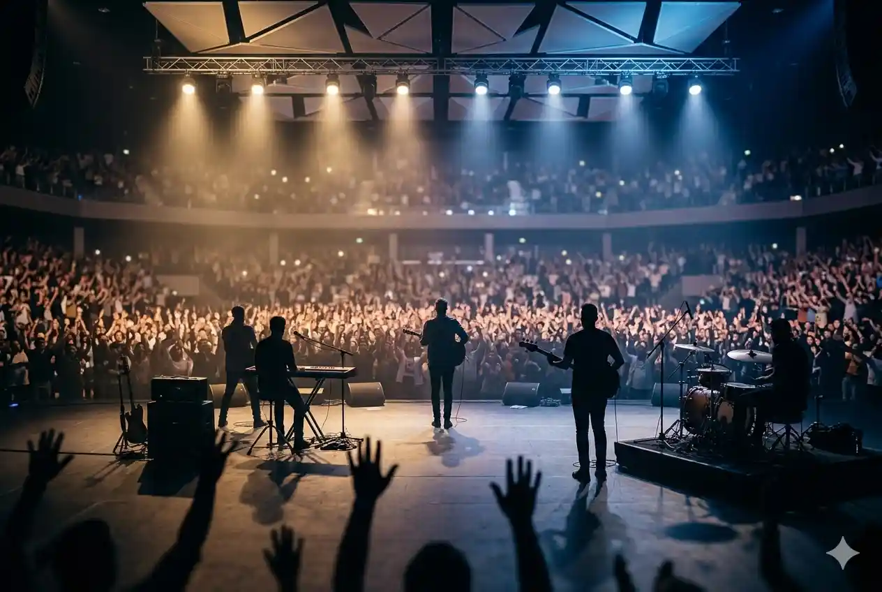 Worship band performing on stage during a Hillsong-style concert with audience raising hands