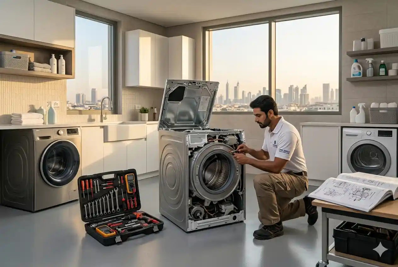 Professional technician repairing a household appliance in a modern home