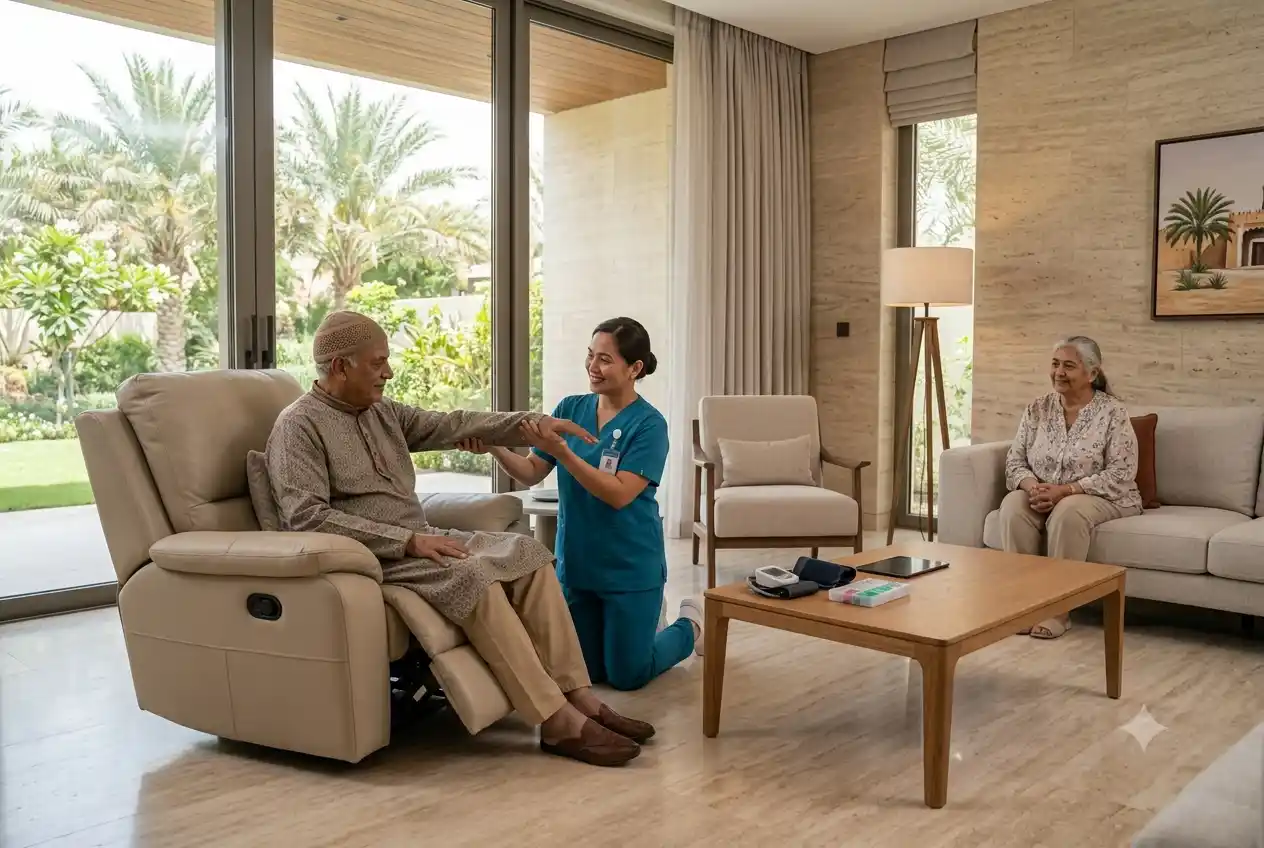Professional caregiver providing home healthcare support to a patient in Al Ain