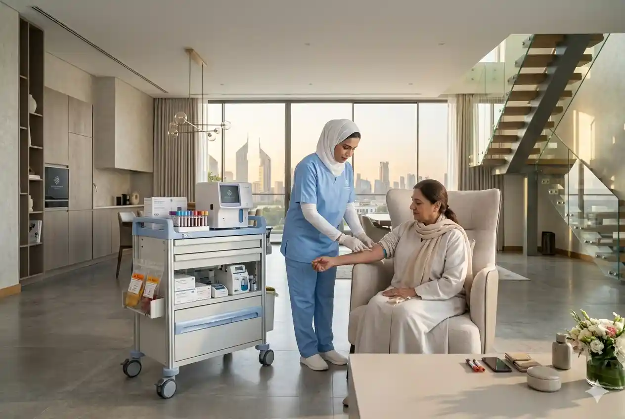 Healthcare professional providing home COVID testing service in a Dubai residence