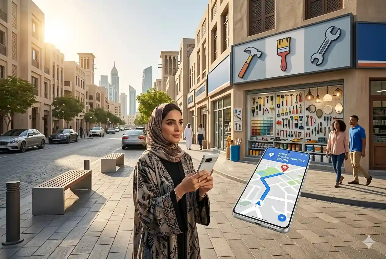 Person searching on mobile phone for nearby home improvement store in UAE city street