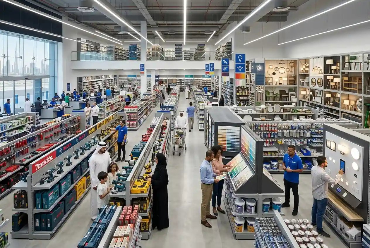 Wide interior view of a home improvement store in UAE with tools, hardware, and home décor sections