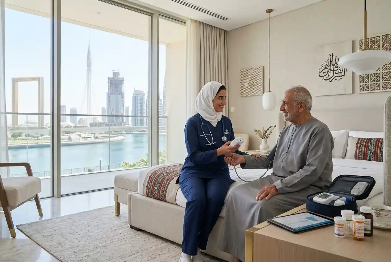 Professional home nurse providing medical care to a patient in a modern UAE home.