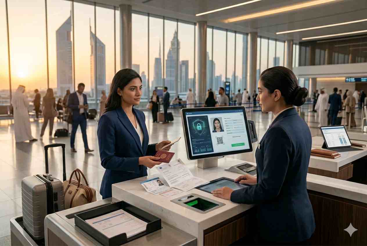 Traveler verifying travel documents at UAE airport immigration counter