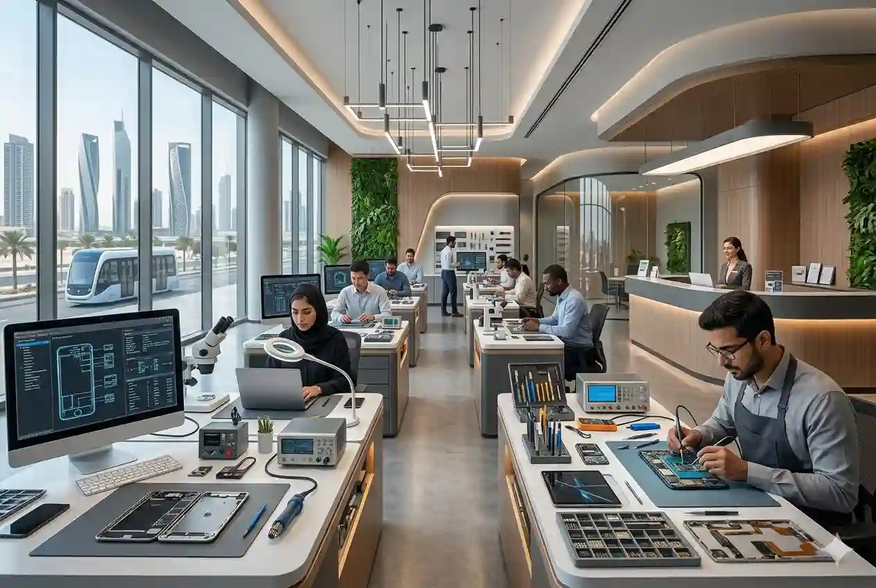Technicians repairing smartphones and laptops in Dubai tech service center