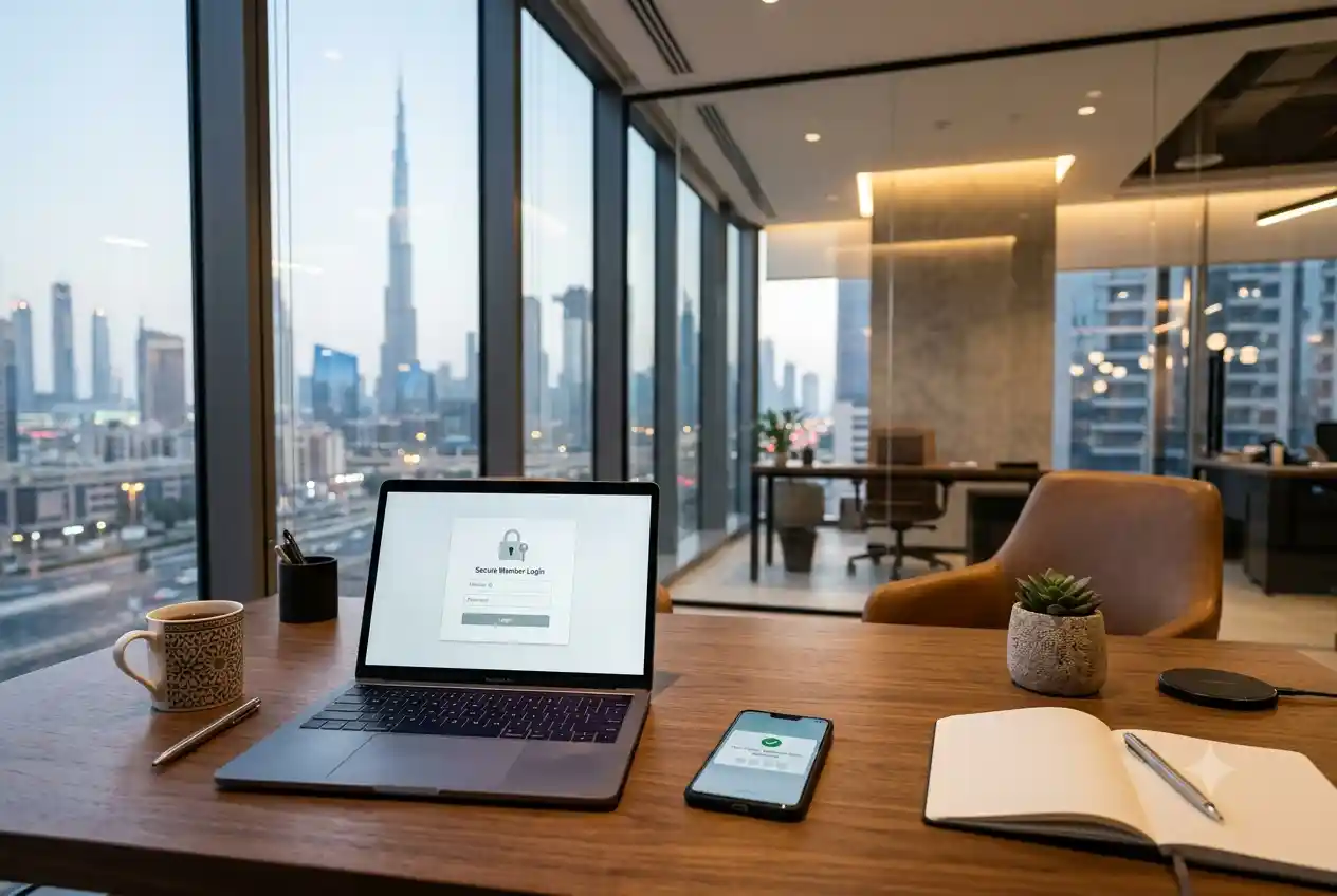 Secure JAA Lifestyle login page accessed from a laptop in a modern office environment.
