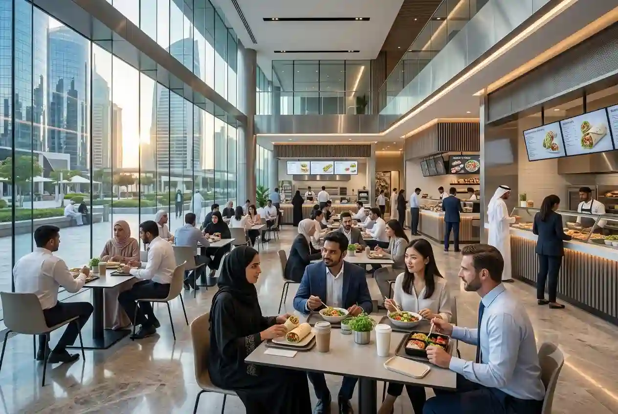 Professionals dining inside a modern food court in Jebel Ali Free Zone UAE