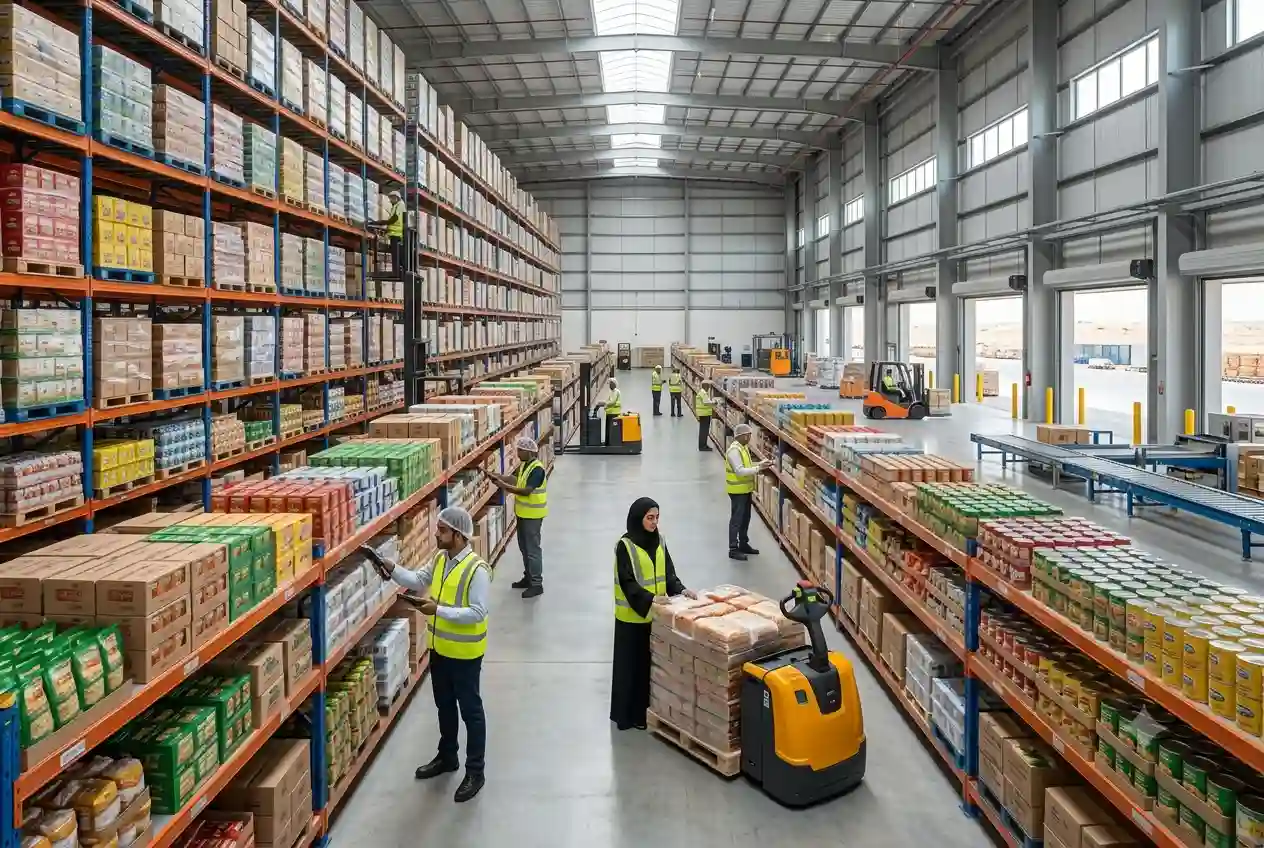 Large food wholesale warehouse storing grocery and food products in the UAE