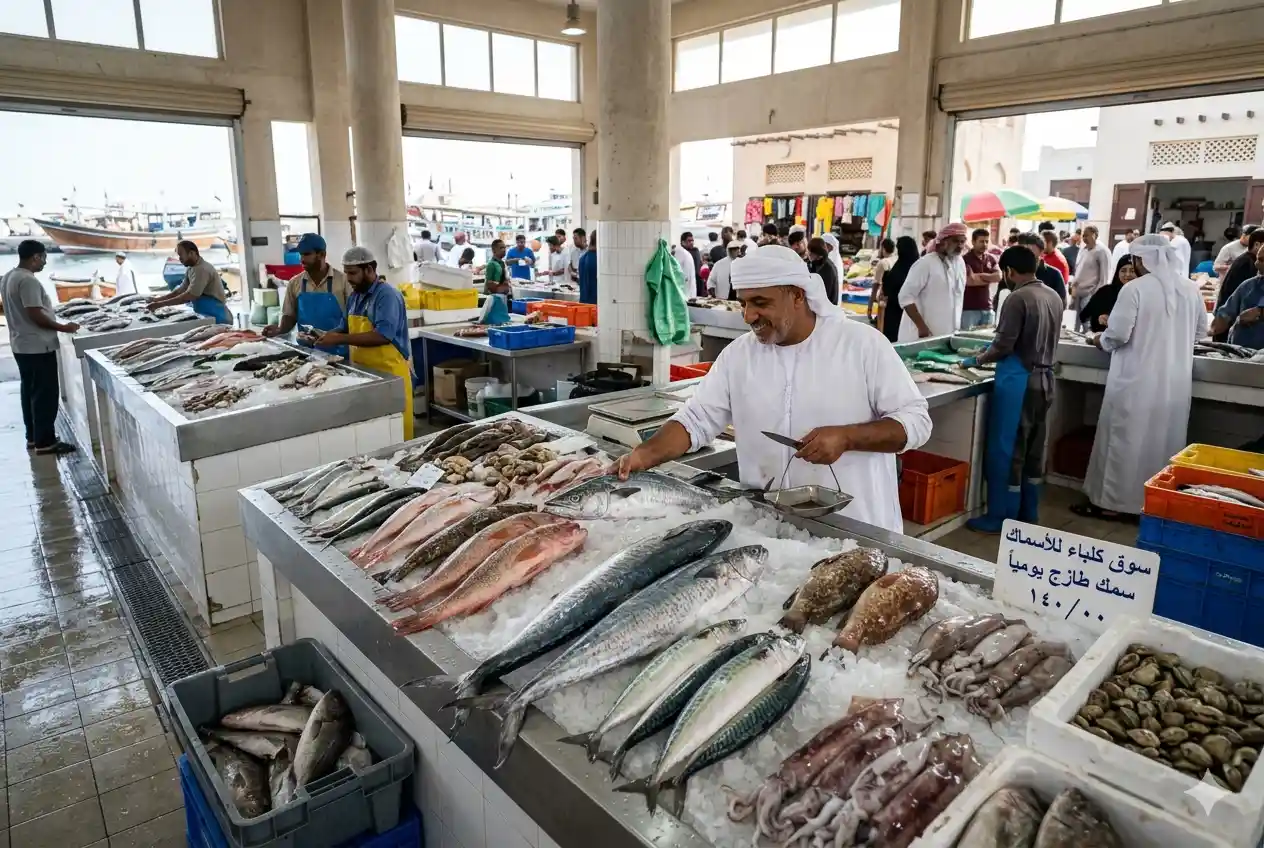 Fresh seafood displayed at Kalba Fish Market in the UAE