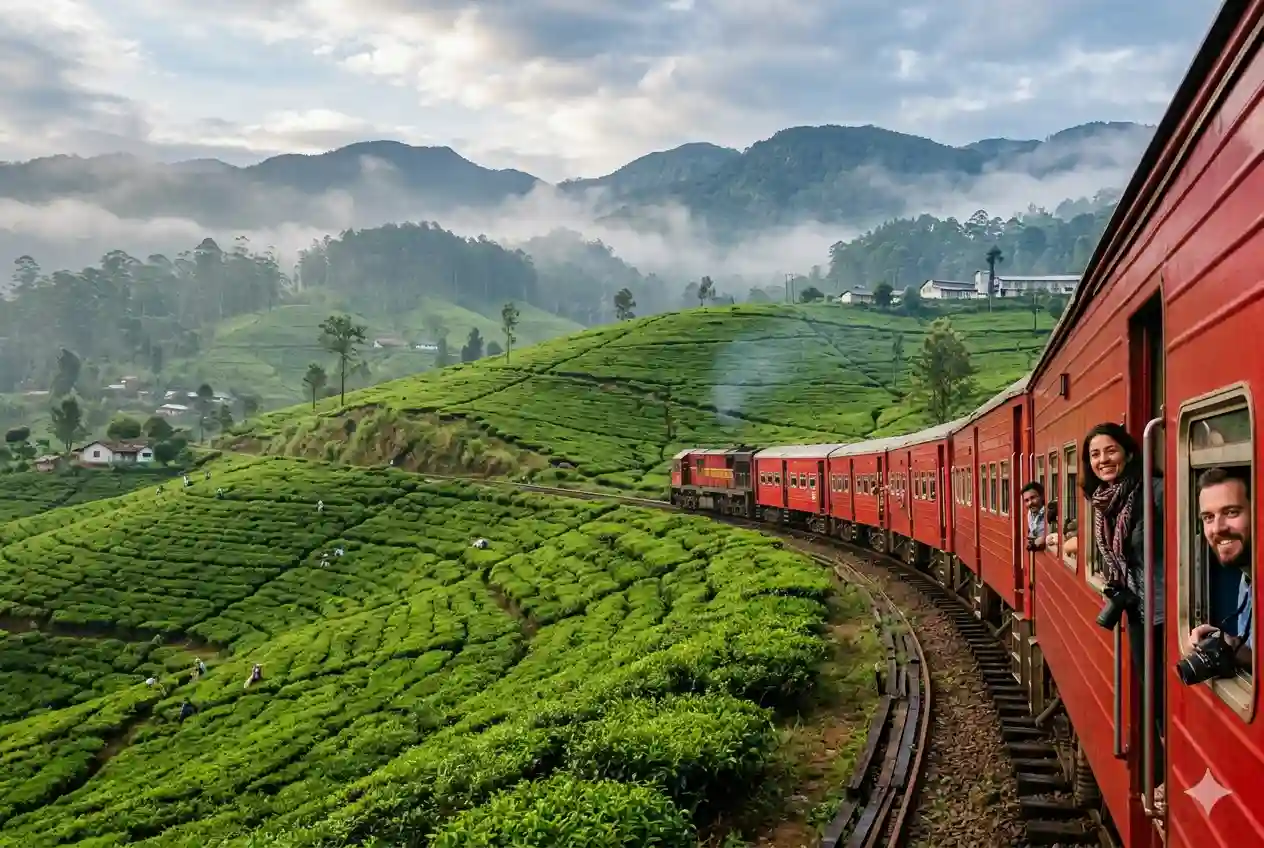 Scenic Kandy to Ella train passing through tea plantations and mountains in Sri Lanka