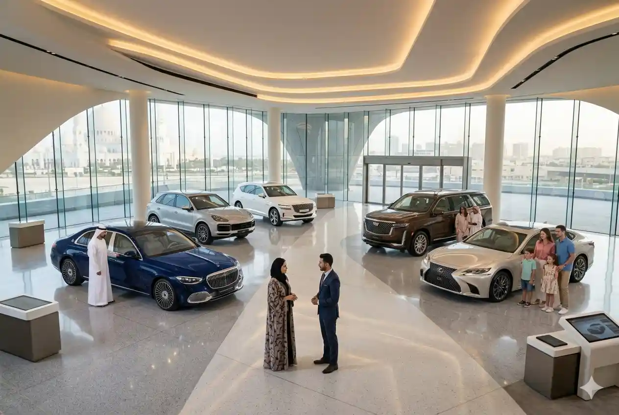 Modern automobile showroom in Abu Dhabi displaying multiple vehicles for prospective buyers