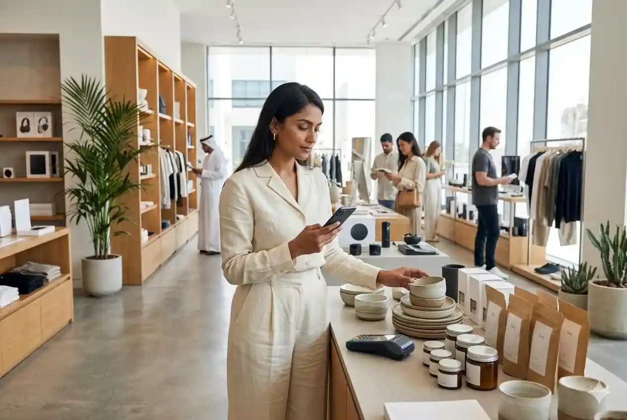 shopper using lifestyle discount code on smartphone in UAE retail environment