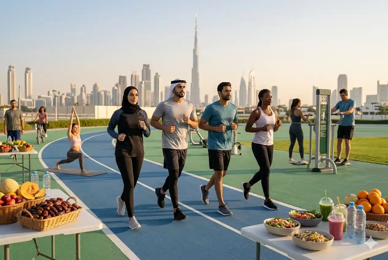 UAE residents practicing healthy habits to prevent lifestyle diseases through exercise and balanced nutrition