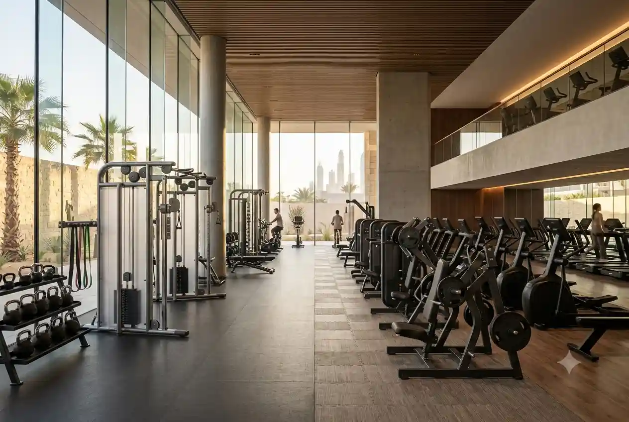 Modern lifestyle fitness gym with strength training equipment, cardio machines, and functional workout space.