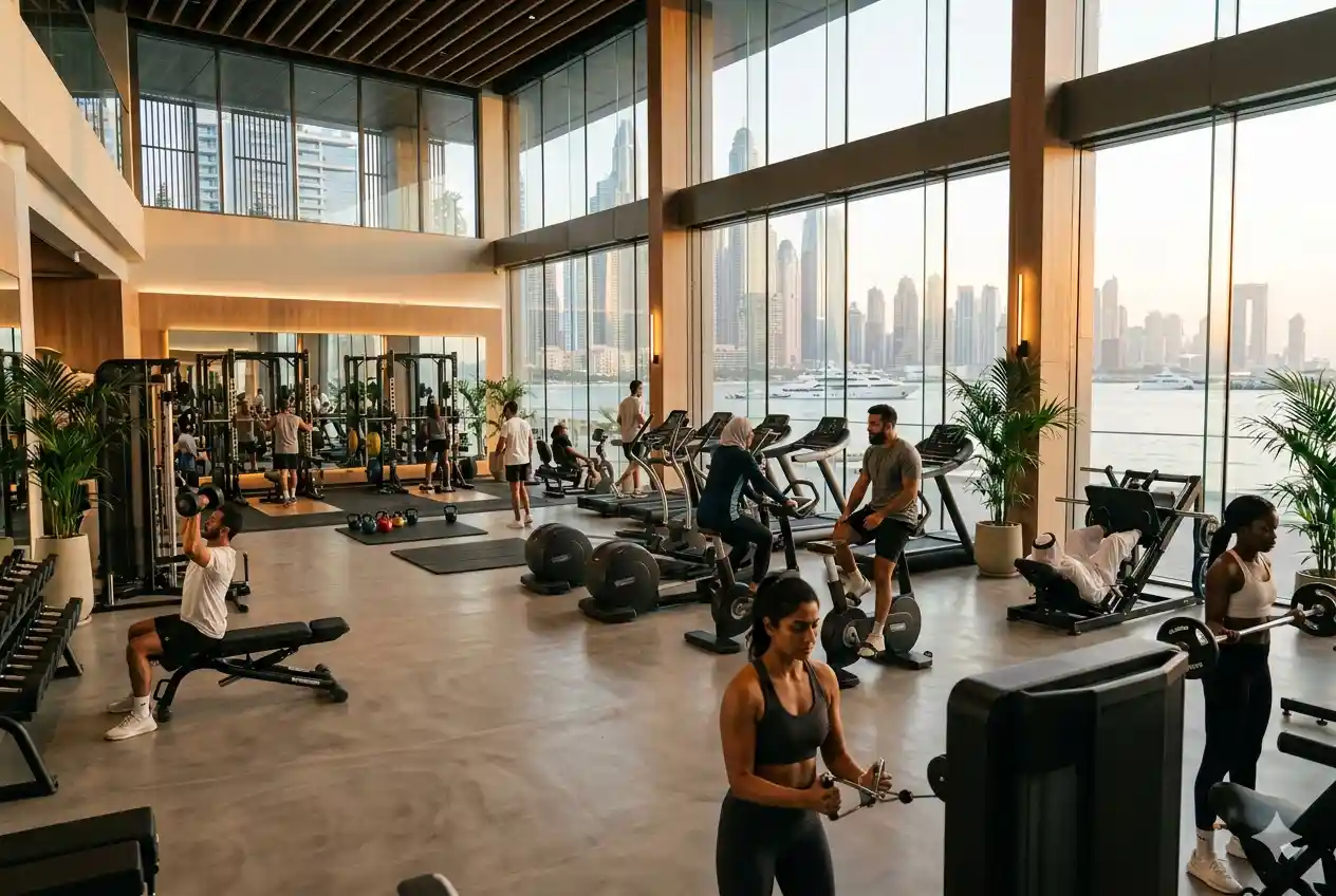 modern lifestyle gym in UAE with advanced equipment and people working out