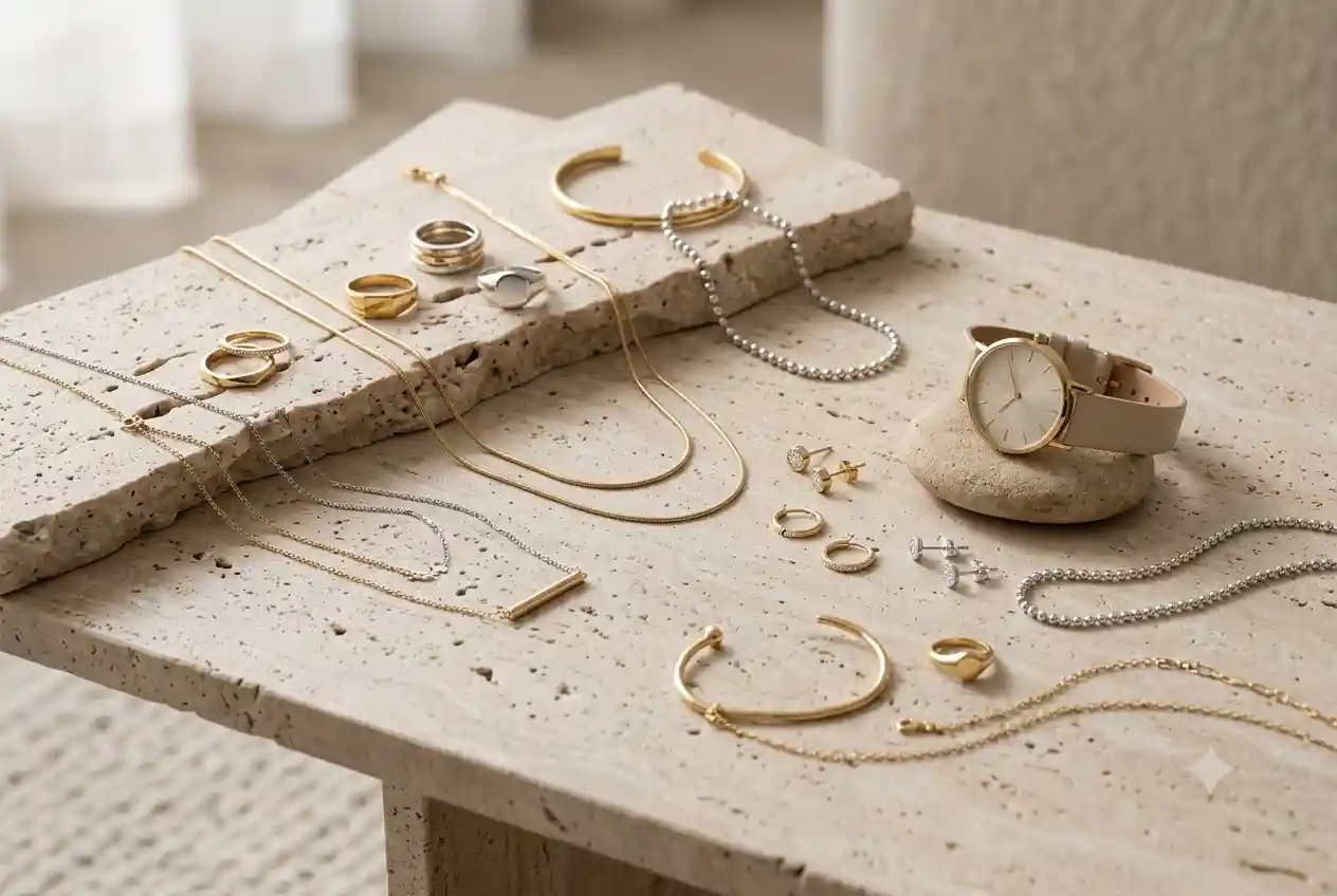 Elegant everyday lifestyle jewelry including gold and silver necklaces, bracelets, rings, and watches.