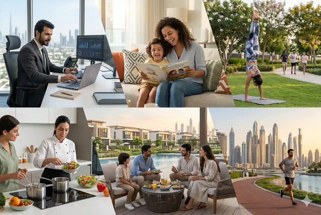 People engaging in healthy, productive, and balanced lifestyle activities in a modern environment