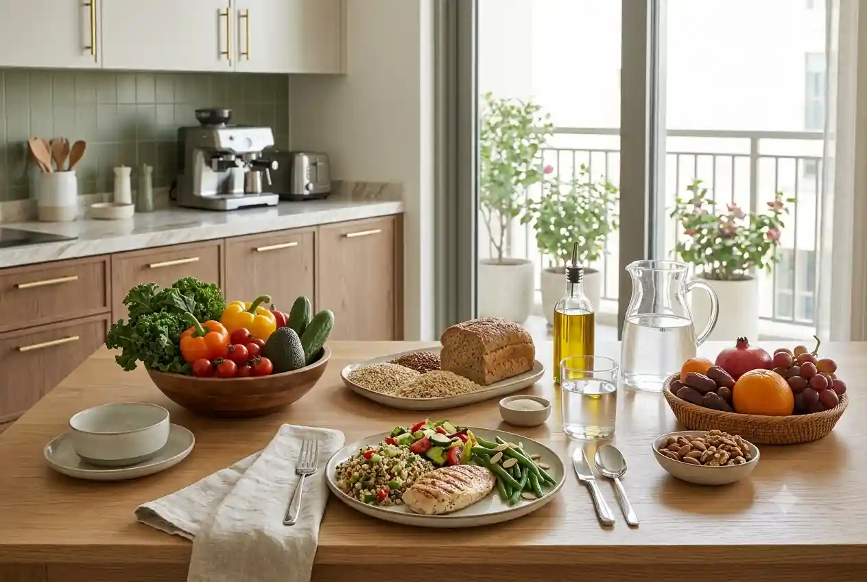 Balanced healthy meal with fresh vegetables, fruits, whole grains, and lean protein on a modern dining table.