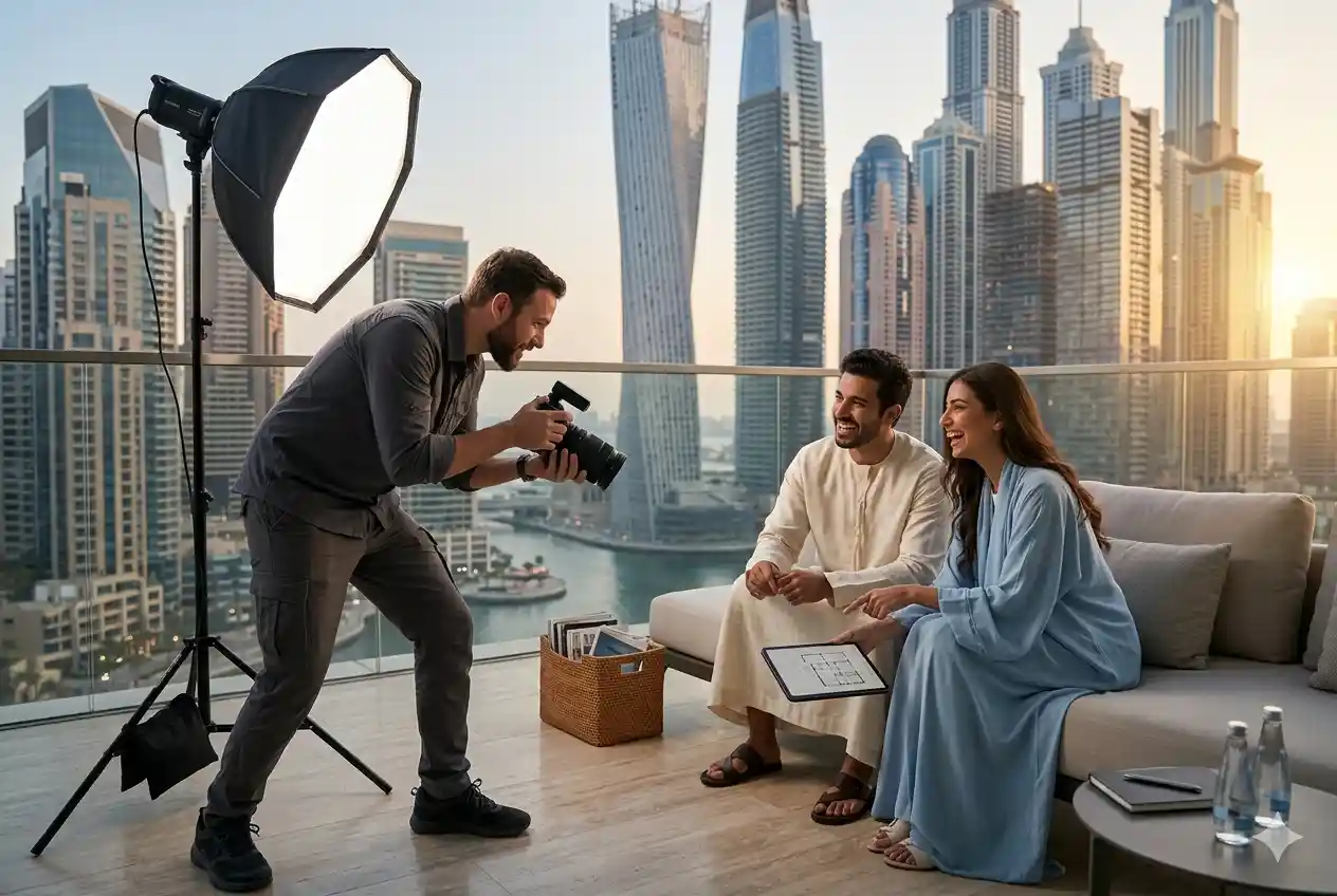 Professional lifestyle photographer conducting a commercial photoshoot in Dubai