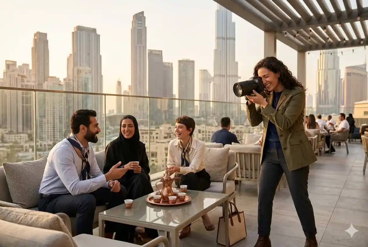 Professional lifestyle photography session taking place in a modern Dubai location