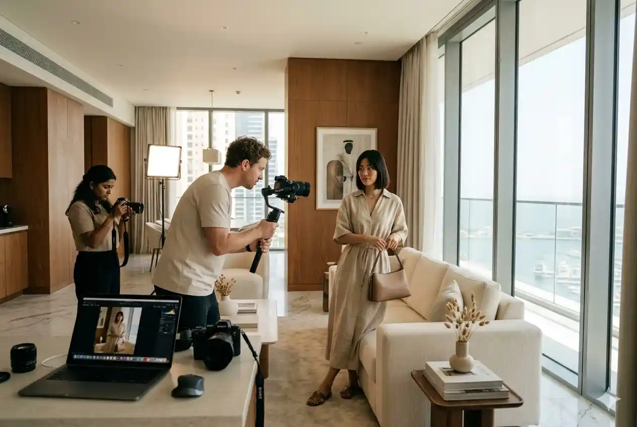 lifestyle product photography shoot setup in UAE with natural lighting and styled product