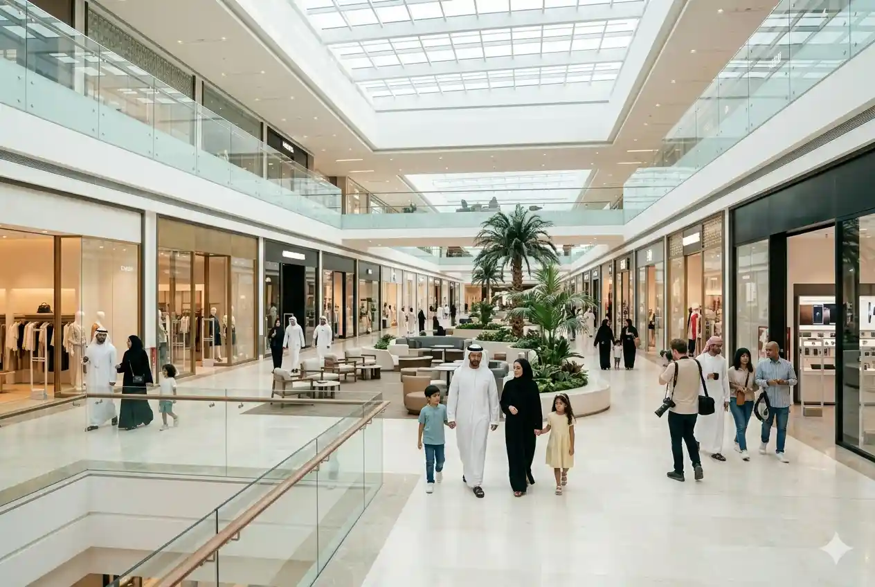 interior of Lifestyle Ruwais Mall with shoppers and retail stores in UAE