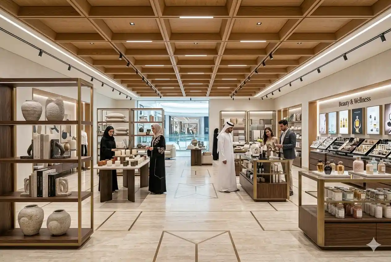 Shoppers exploring lifestyle products and home décor inside a modern retail store in Sharjah