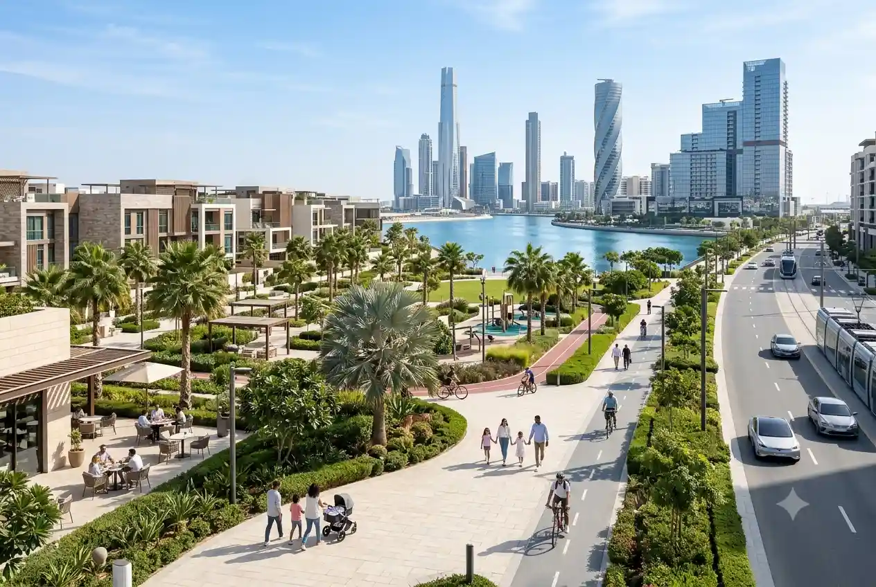 Modern UAE lifestyle with residential communities, parks, business districts, and outdoor leisure spaces.