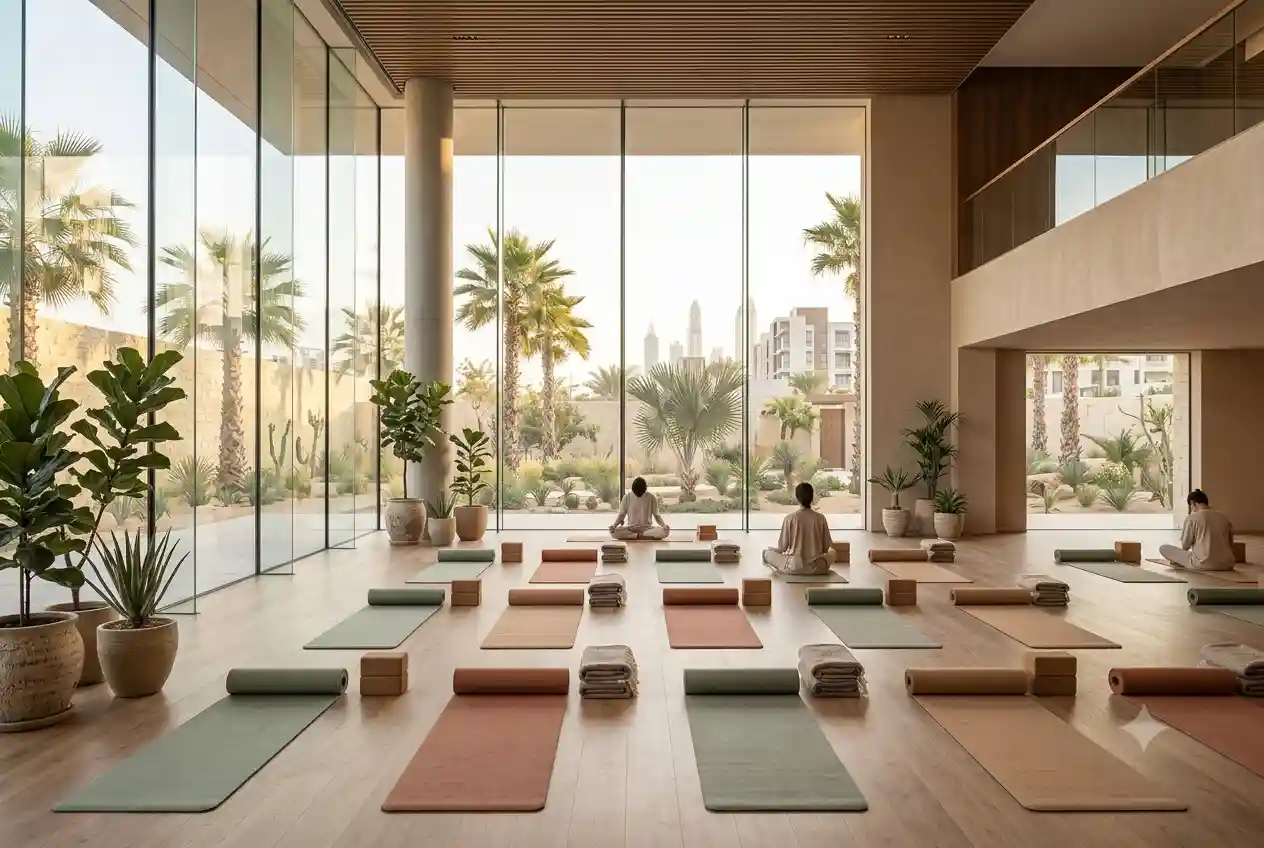 Modern yoga studio with yoga mats and a calm wellness environment designed for regular practice.
