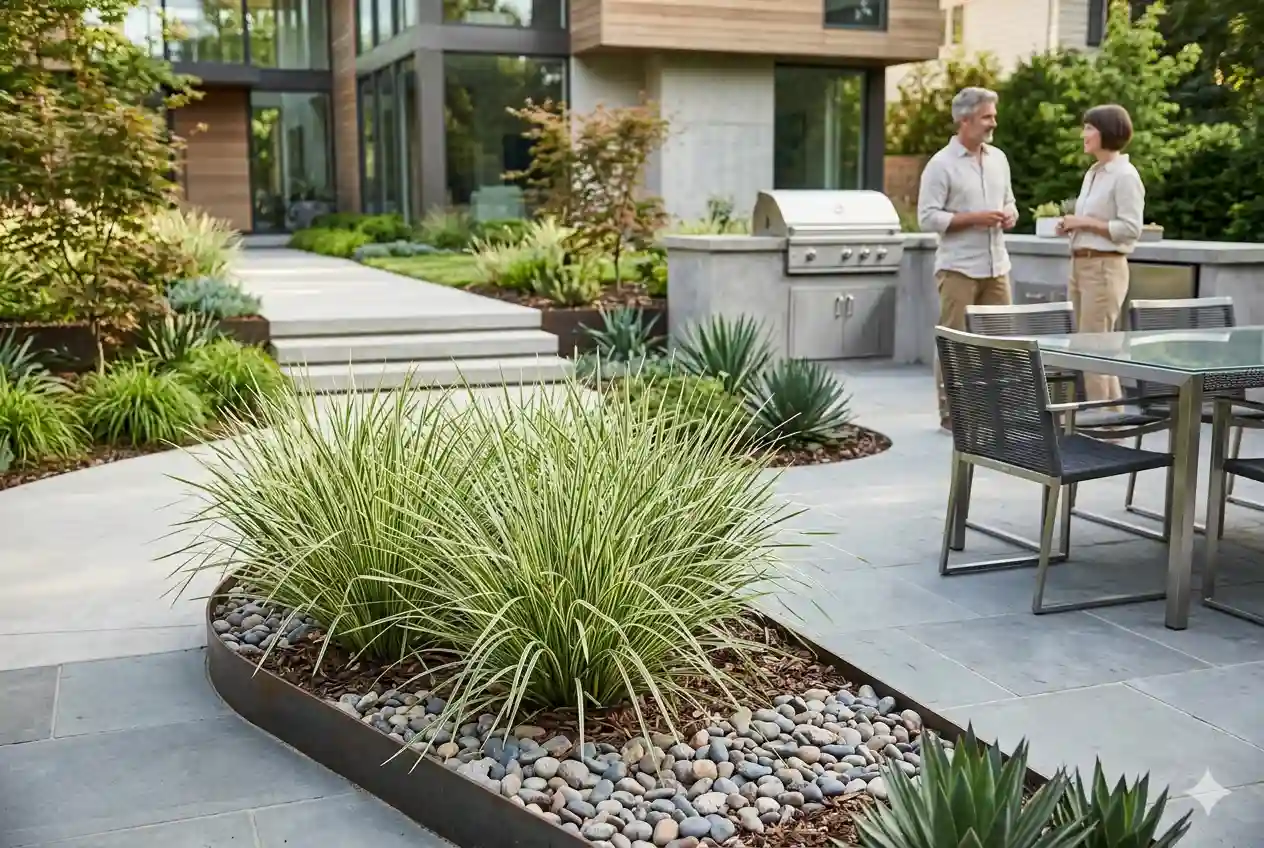 Lomandra Platinum Beauty growing in a professionally designed landscape garden