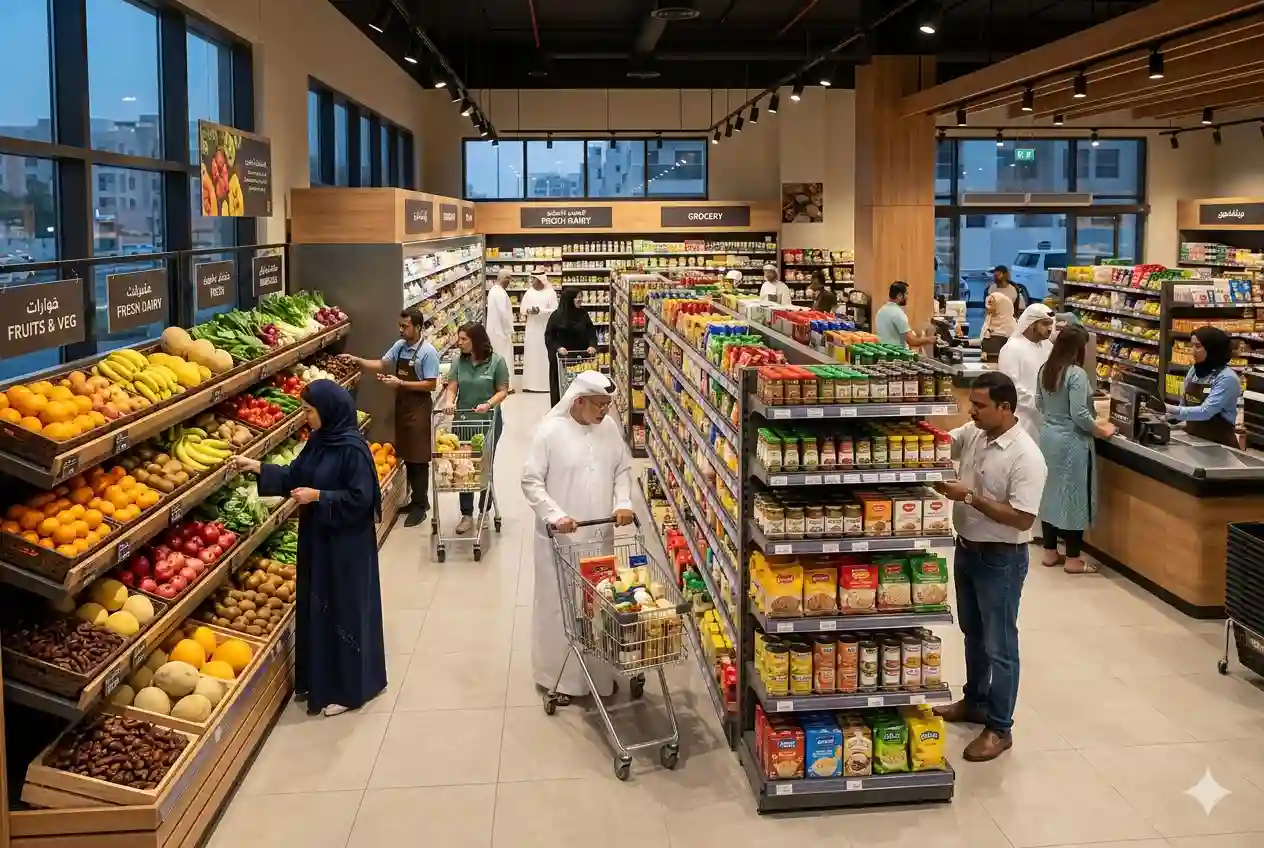 Local UAE Madina Market grocery store with fresh products and customers shopping