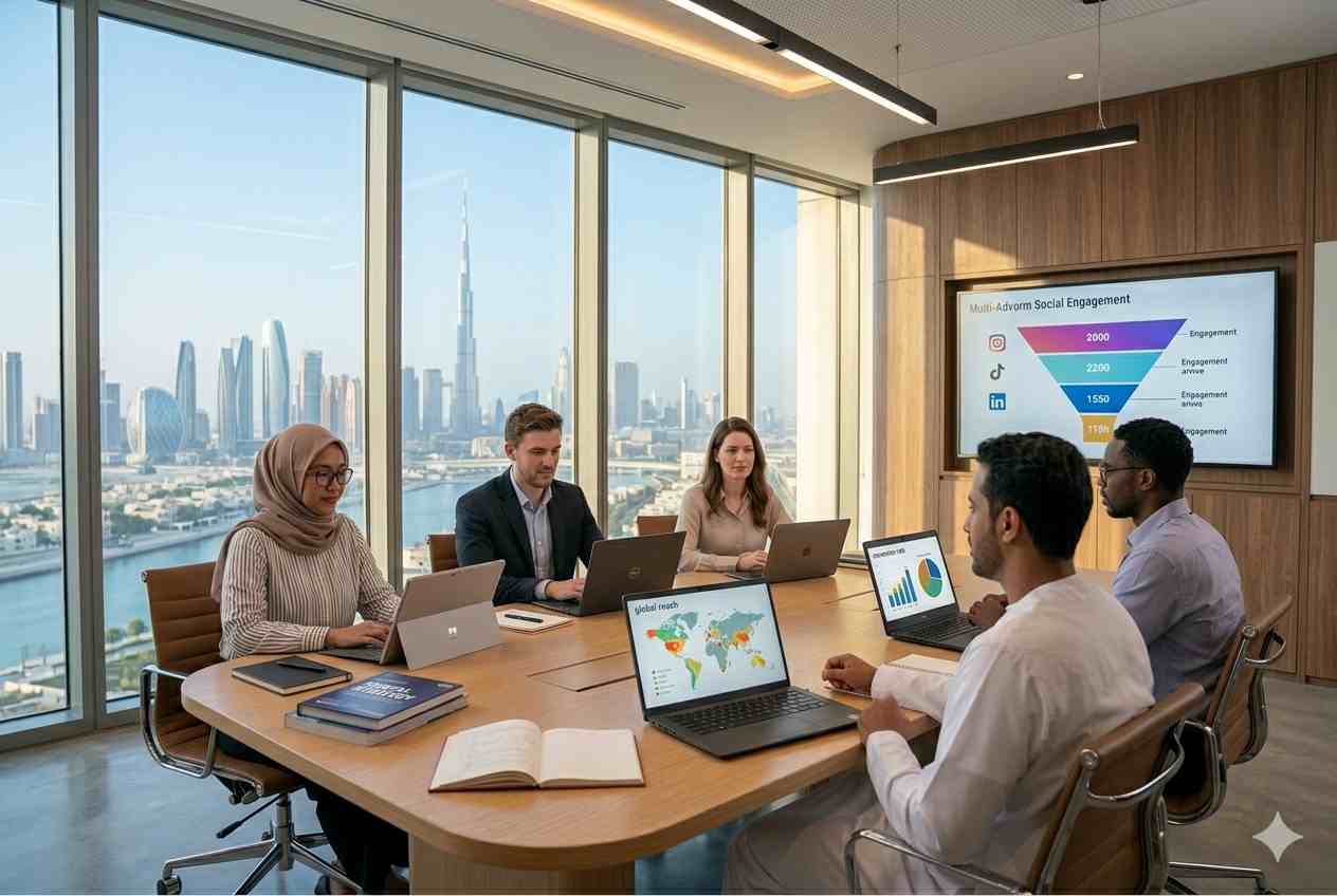 Students studying advanced digital marketing strategies in a UAE university classroom
