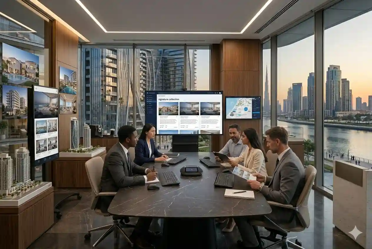 Professional real estate consultants assisting property buyers in a modern Dubai office