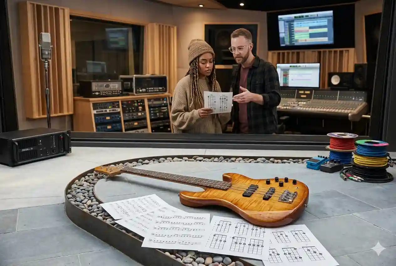 Electric bass guitar used for learning scales and music theory concepts