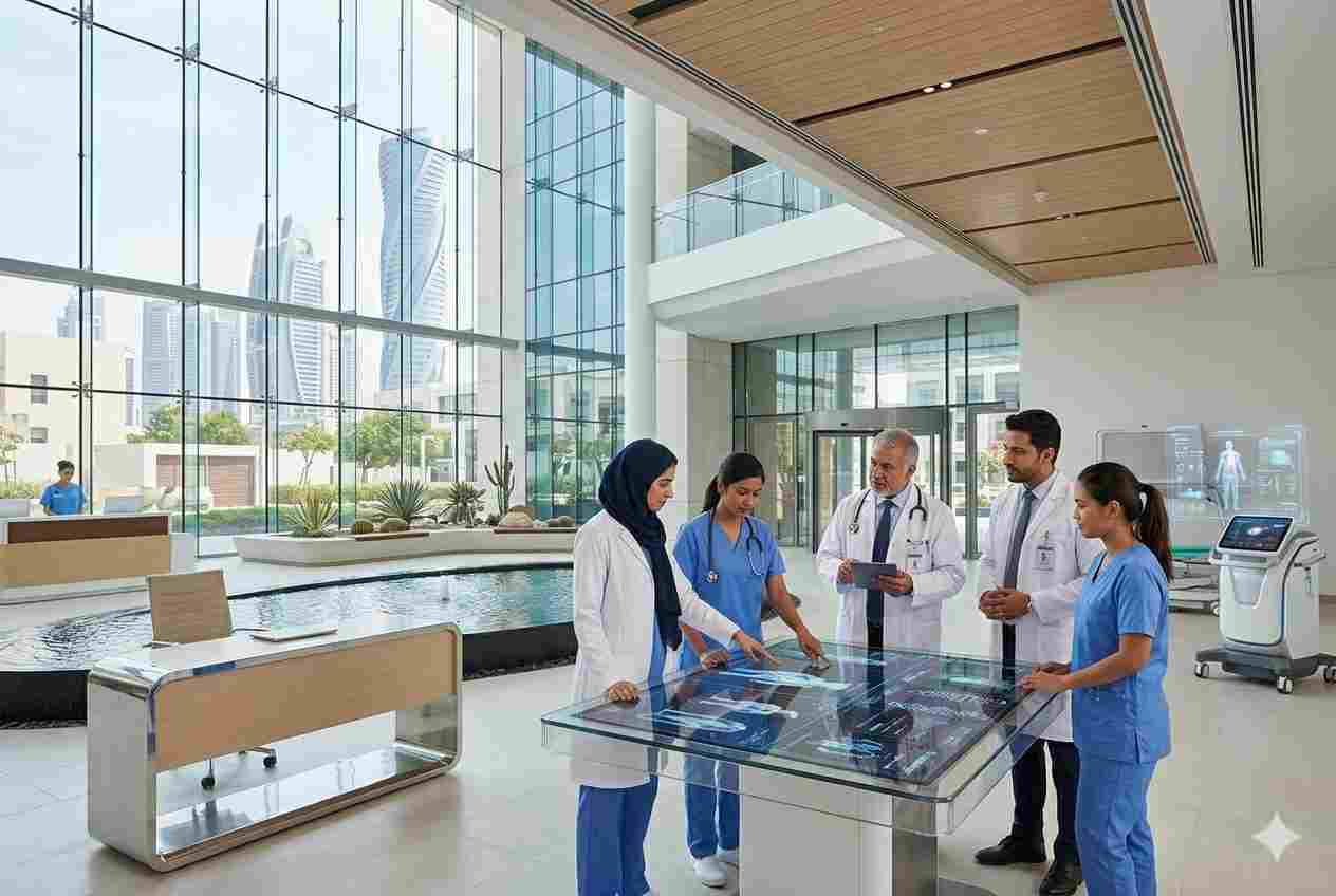 Healthcare professionals working in a modern medical facility in the UAE