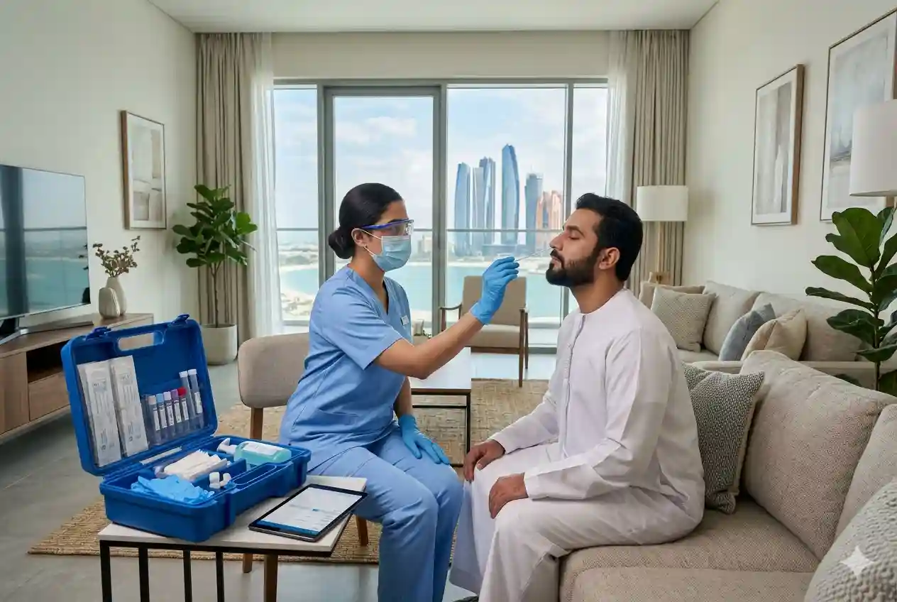 Healthcare professional collecting PCR test sample from patient at home in UAE