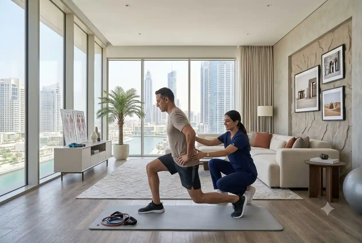 Licensed physiotherapist providing home rehabilitation therapy to a patient in Dubai.