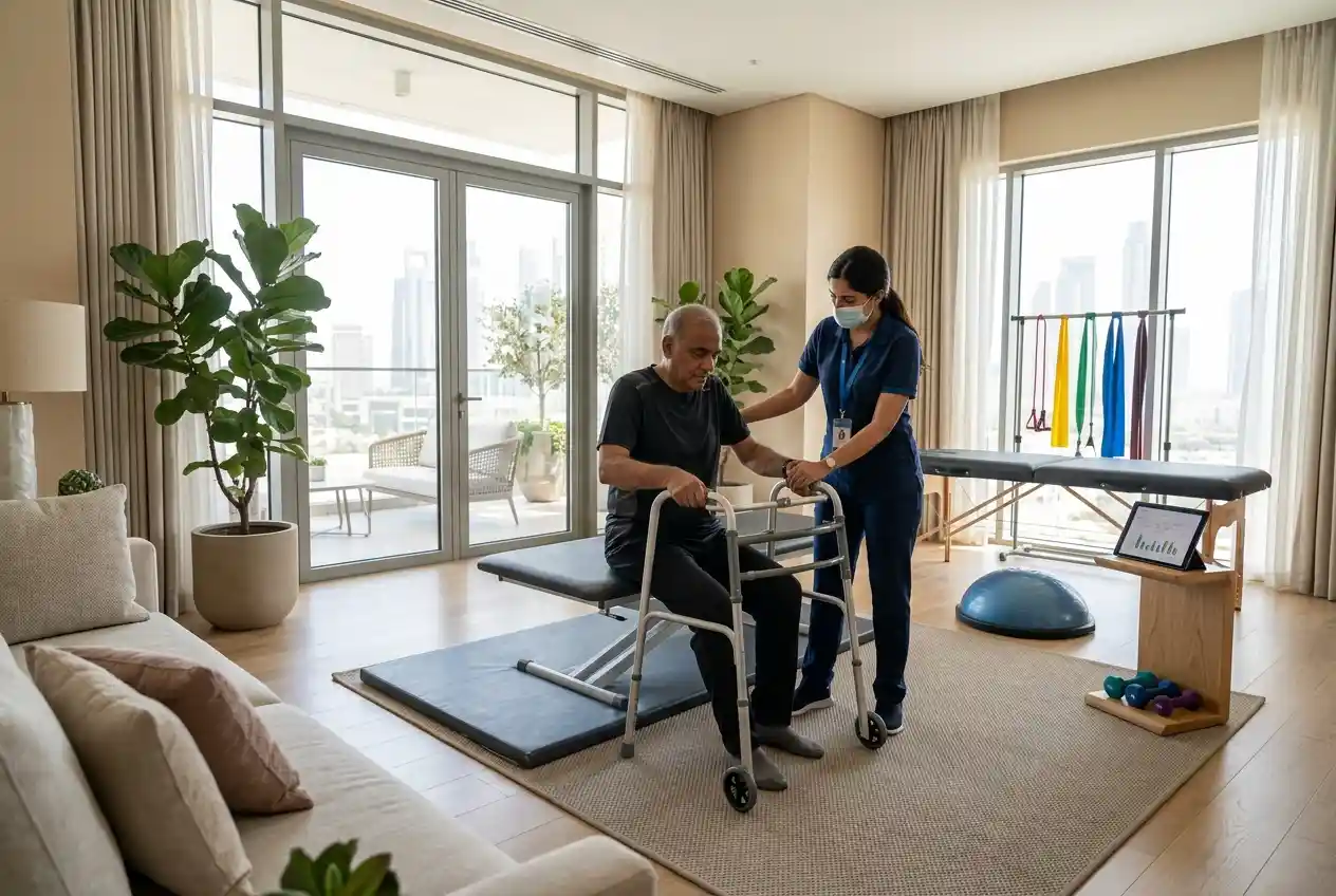 Licensed physiotherapist providing home rehabilitation treatment to a patient in the UAE