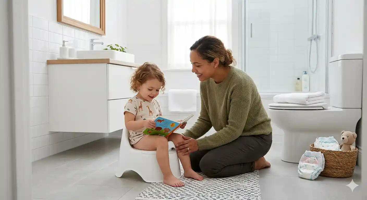 Toddler using potty training chair with parent support