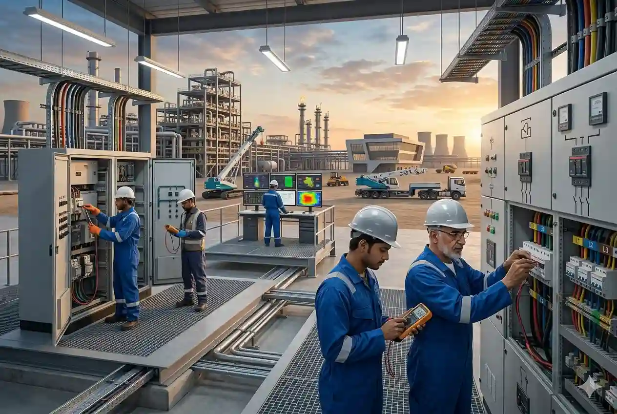 Electrical engineers installing industrial power systems in UAE construction site