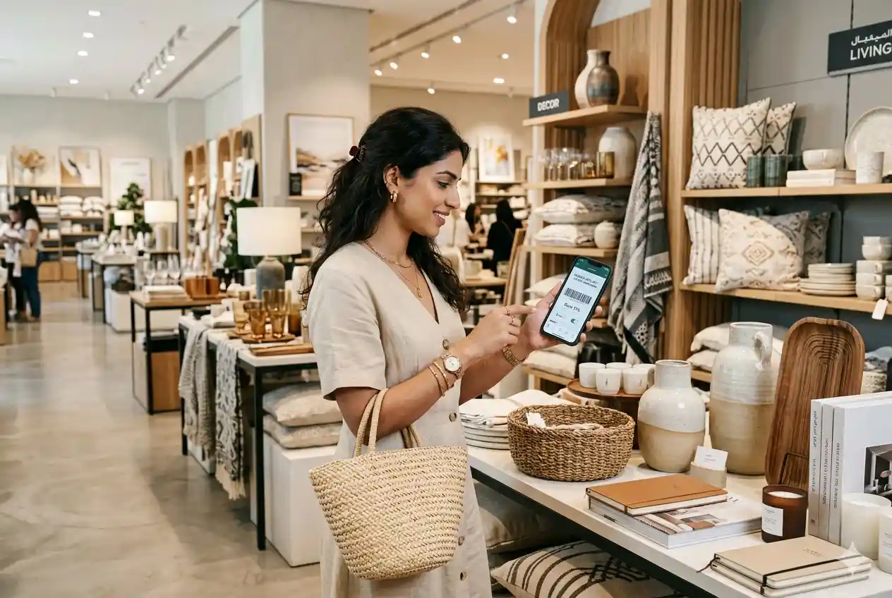 Shopper using a smartphone to find promotional discounts while shopping for lifestyle products