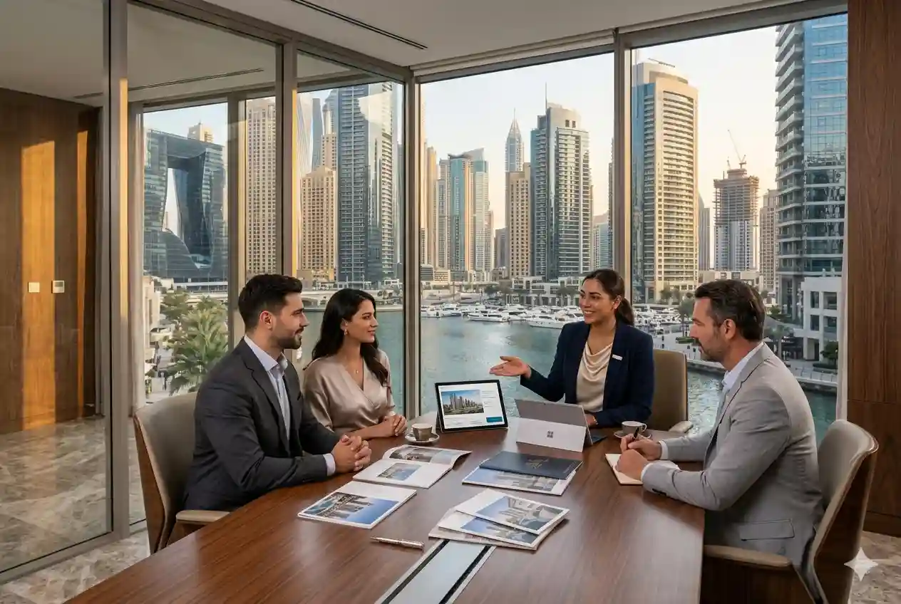 Professional real estate consultant assisting clients in a Business Bay office in Dubai