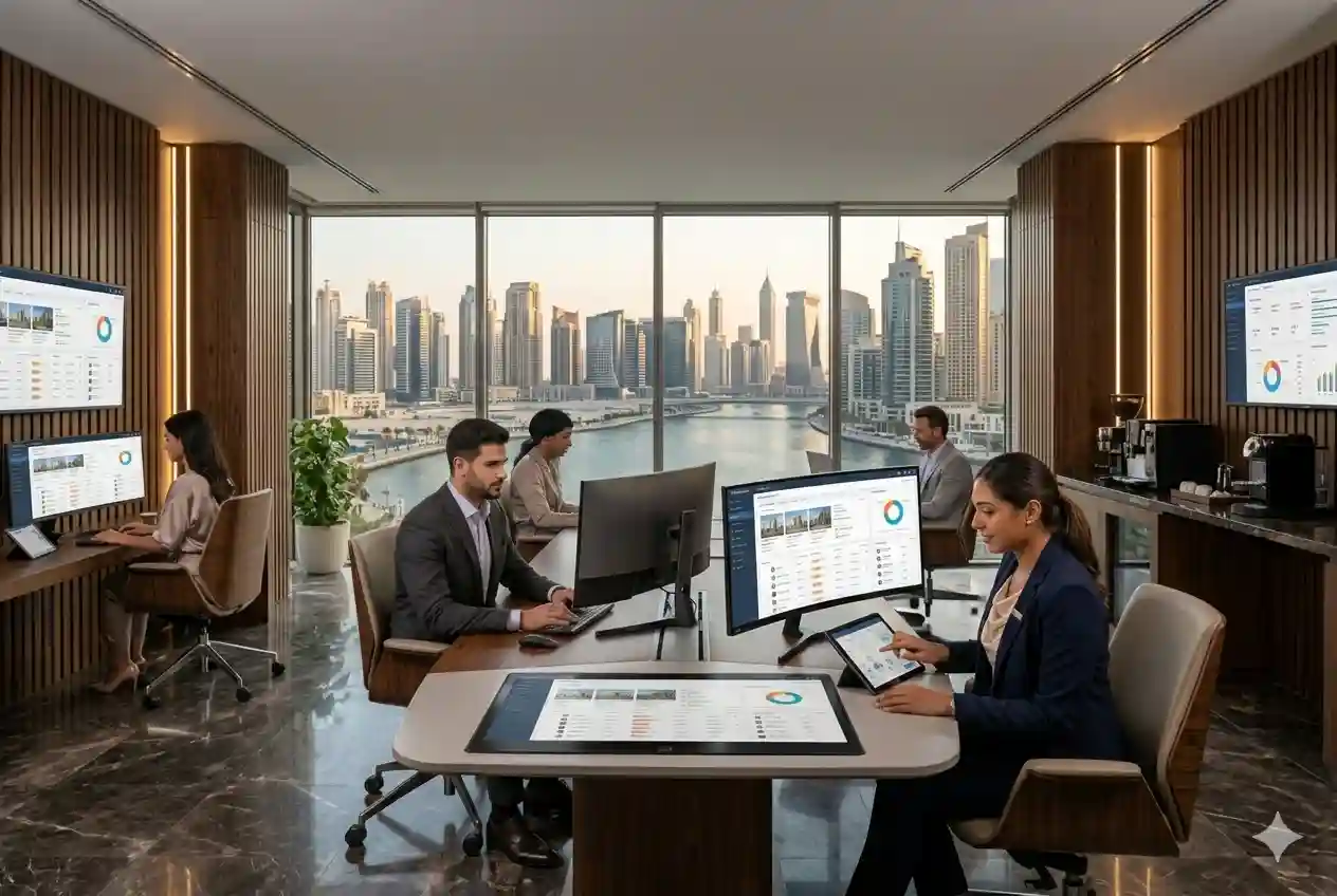 Real estate professionals in Dubai using CRM software to manage property leads and clients