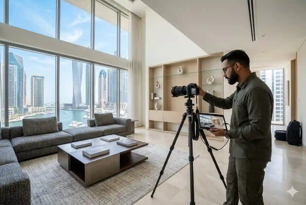professional real estate photographer capturing luxury apartment in Dubai