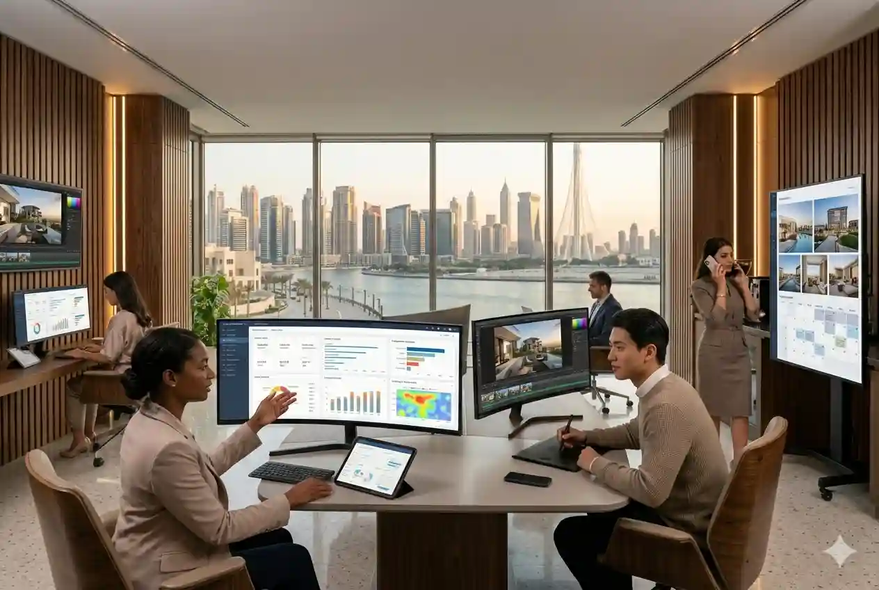 Professional social media marketing team creating campaigns for real estate businesses