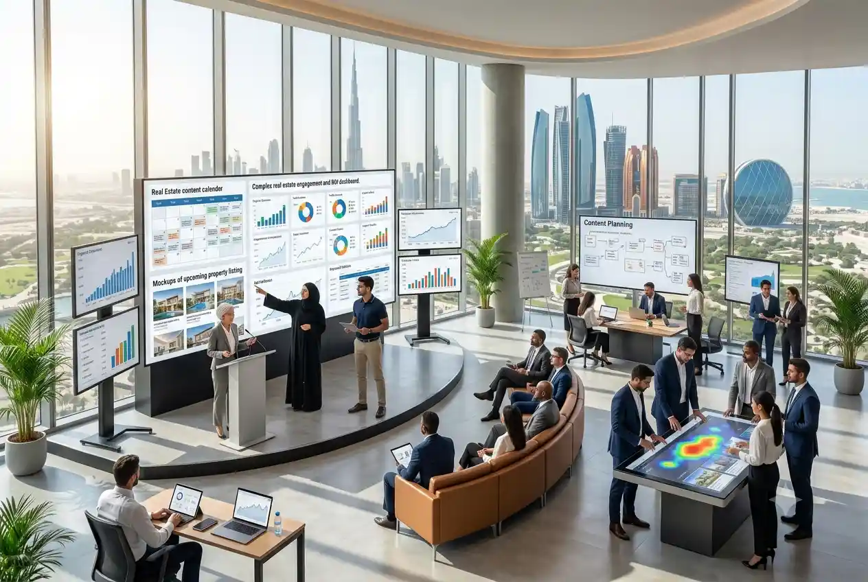 Marketing professionals managing social media campaigns for a real estate company in the UAE.