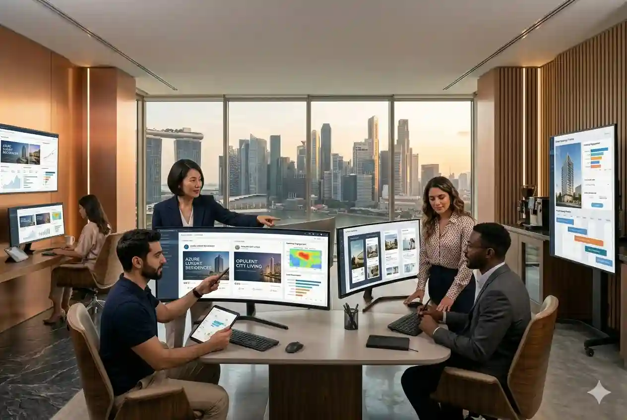 Marketing professionals managing social media campaigns for real estate businesses