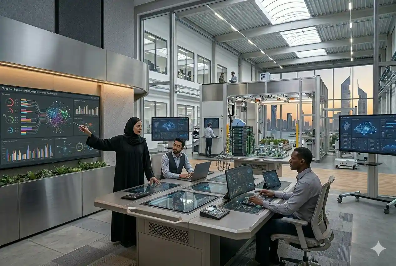 Business professionals using enterprise technology solutions and digital transformation platforms