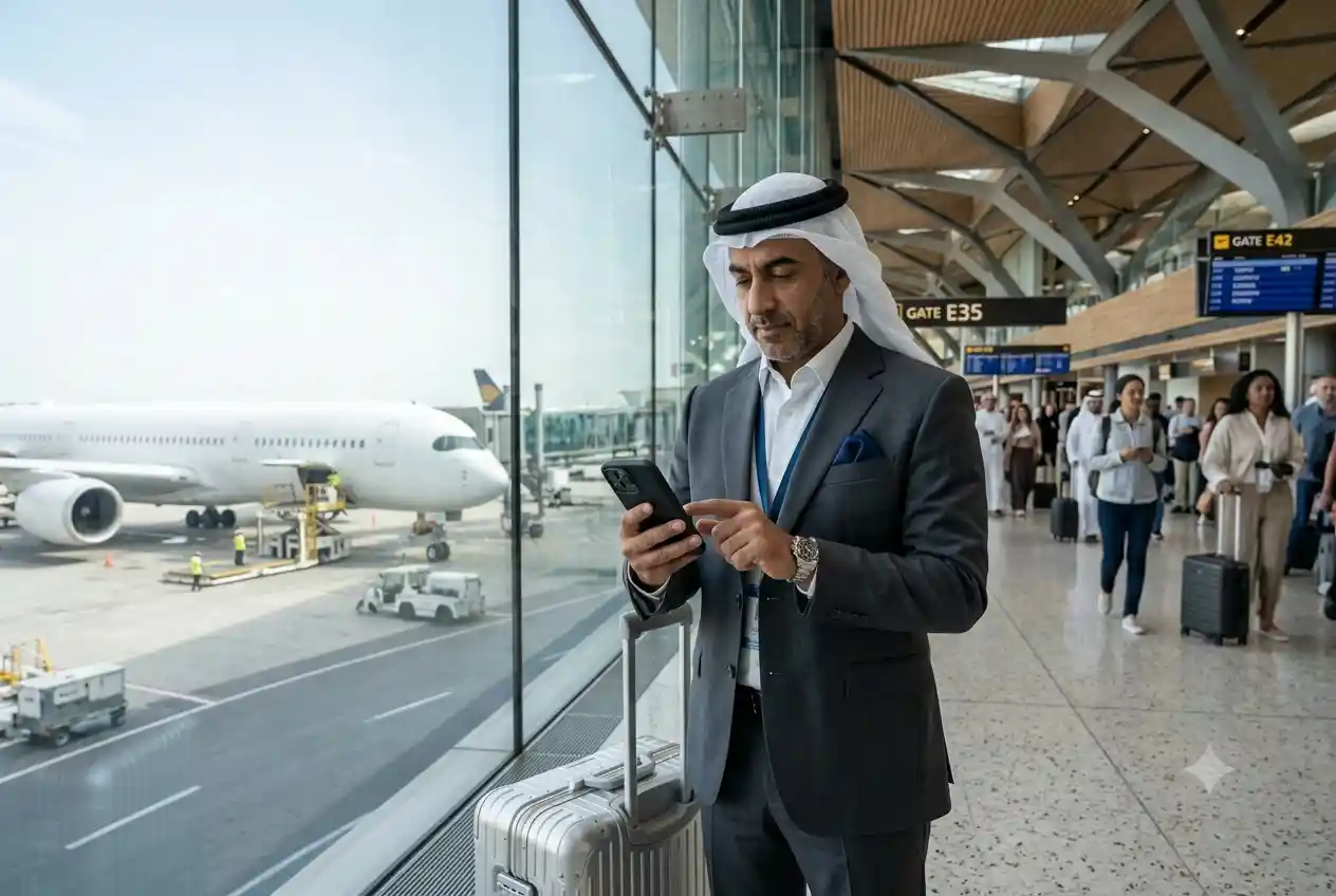 UAE traveler using mobile roaming service at an international airport