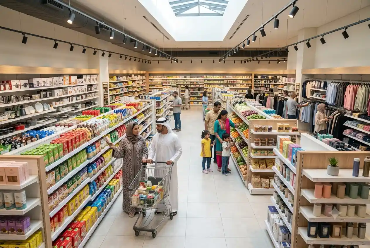 Modern shopping aisles inside a retail market in Sharjah with groceries, household products, and lifestyle items.